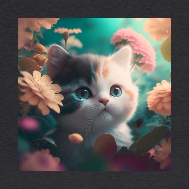 Cute Kitten Blue Eyes Floral Background | White, brown and grey cat with blue eyes | Digital art Sticker by withdiamonds